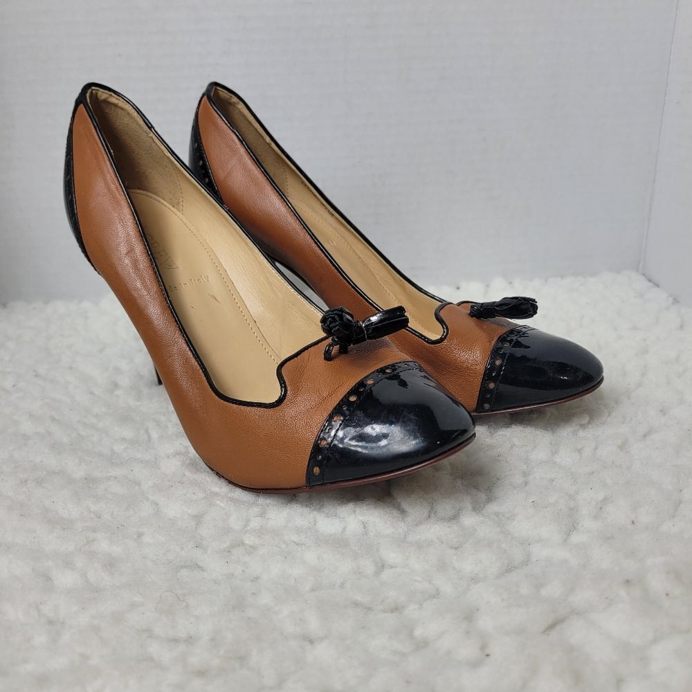 J. Crew Mona Womens Heel Shoes Size 8.5 Black Tan Leather Tassel Brogue Pumps